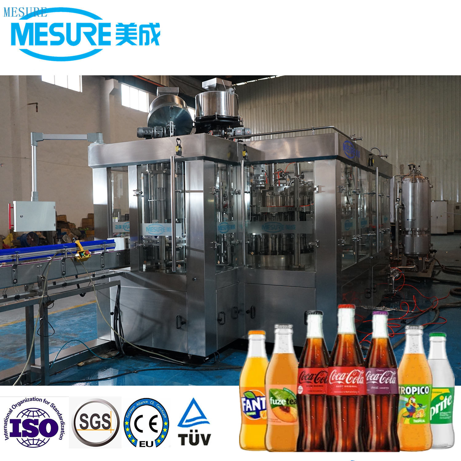 Otomatik cam şişe karbonatlı içecek şişeleme sistemi durulama doldurma kapma hattı