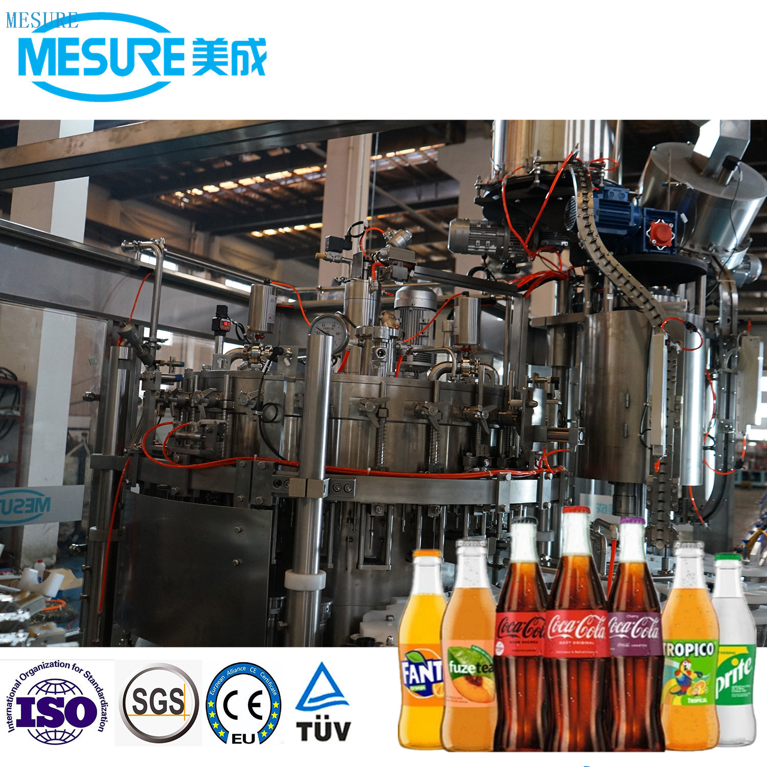 Otomatik cam şişe karbonatlı içecek şişeleme sistemi durulama doldurma kapma hattı